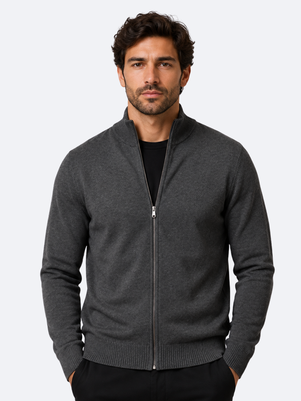 Men's Zip-Up Cardigan with Stand Collar, Long Sleeve