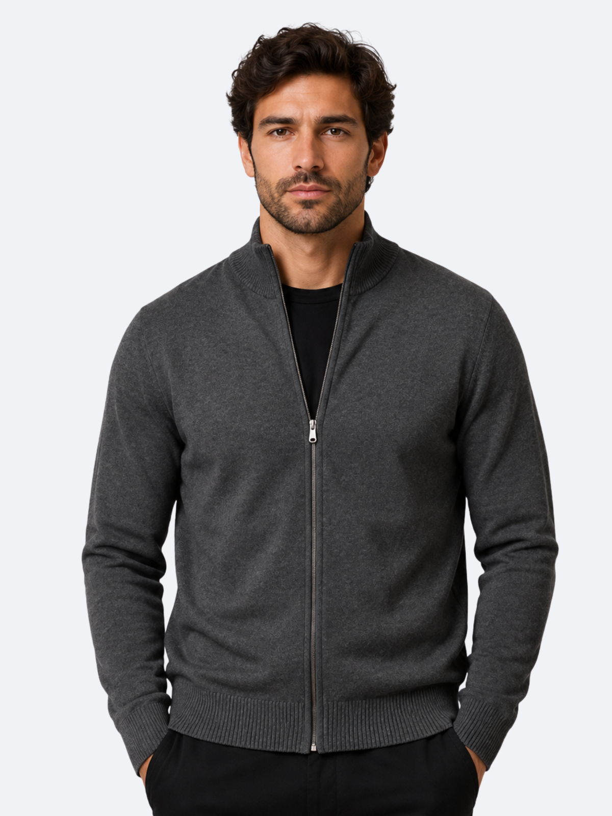 Men's Zip-Up Cardigan with Stand Collar, Long Sleeve