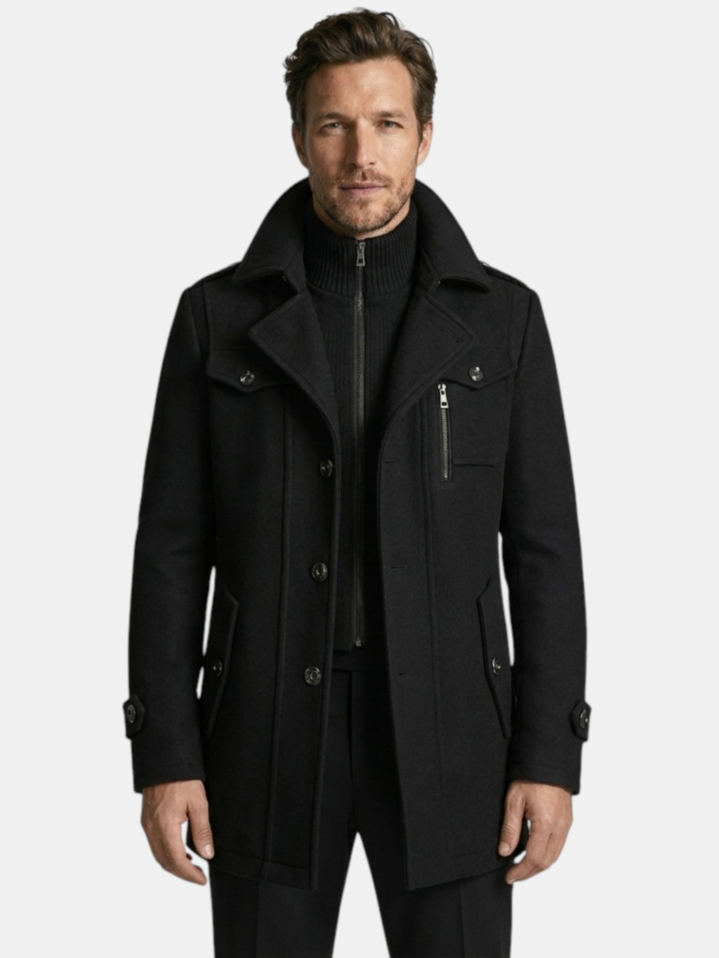 Men's Long Coat – Tailored Fit, Classic Collar