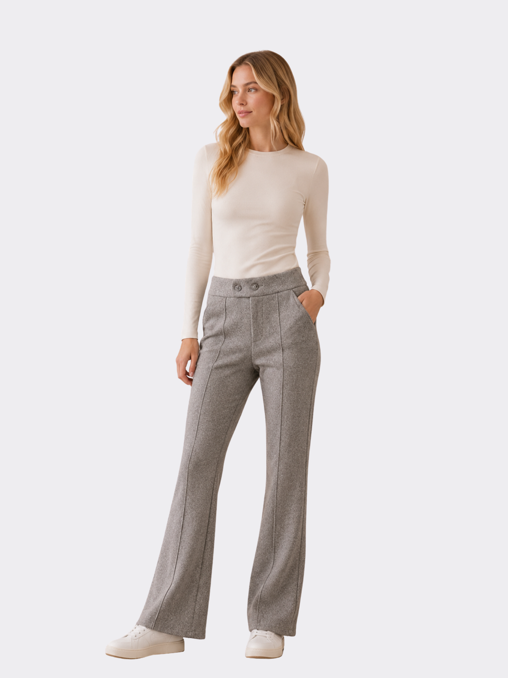 Women's High-Waist Flared Trousers – Full Length, Button Closure
