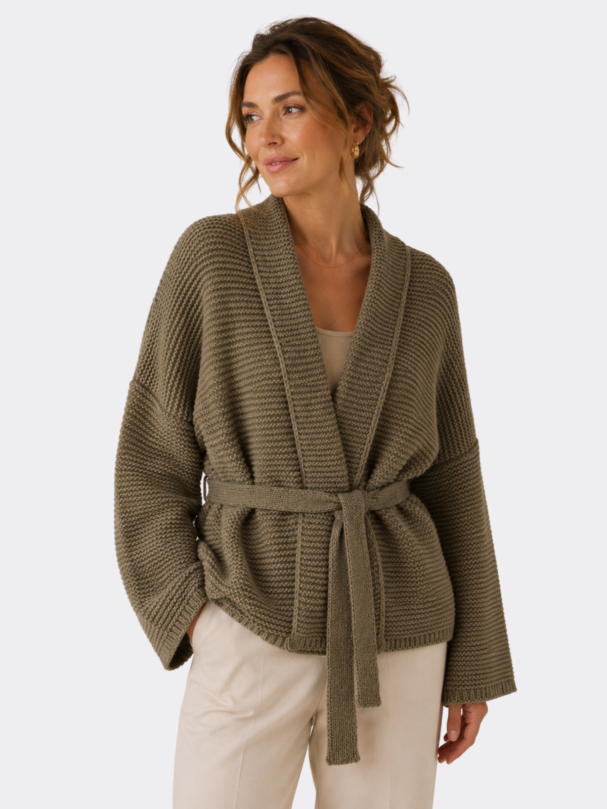 Women's Open-Front Cardigan – Tie Waist, Long Sleeve, Relaxed Fit