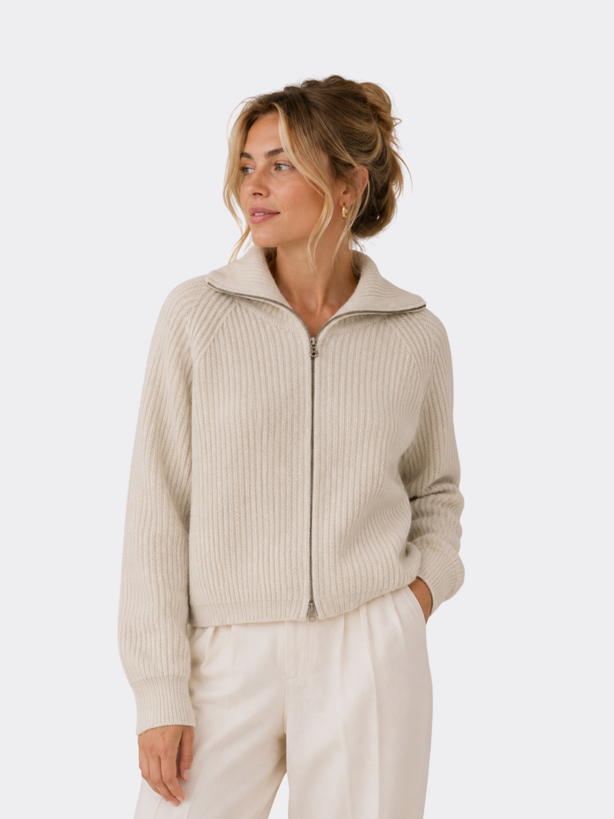 Women's Zip-Up Cardigan – Turn-Down Collar, Long Sleeve, Regular Fit
