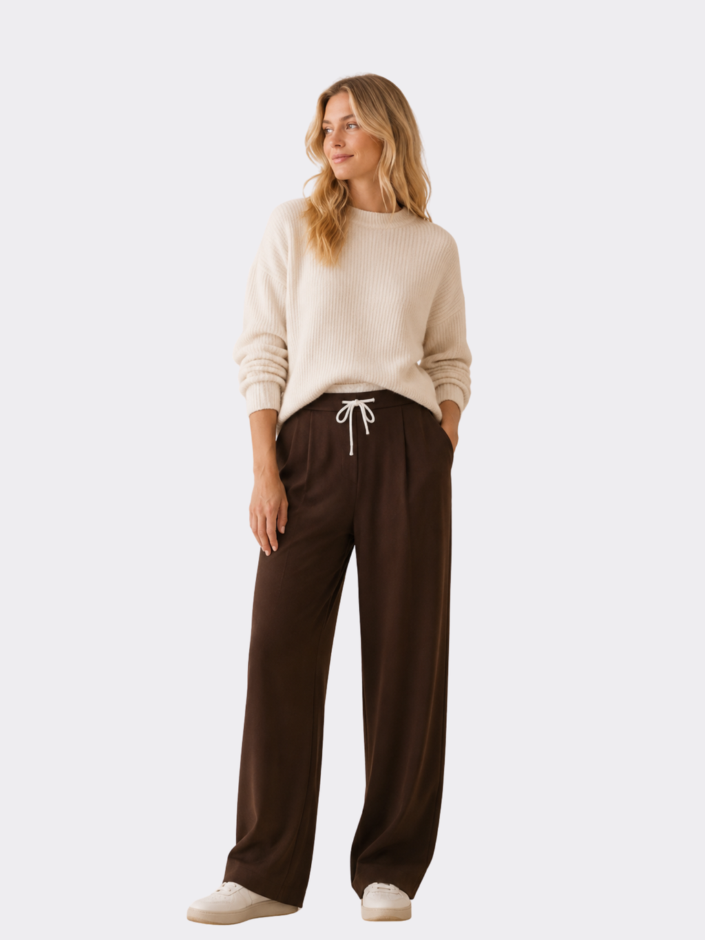 Women's Wide-Leg Trousers – Full Length, Adjustable Drawstring Waist