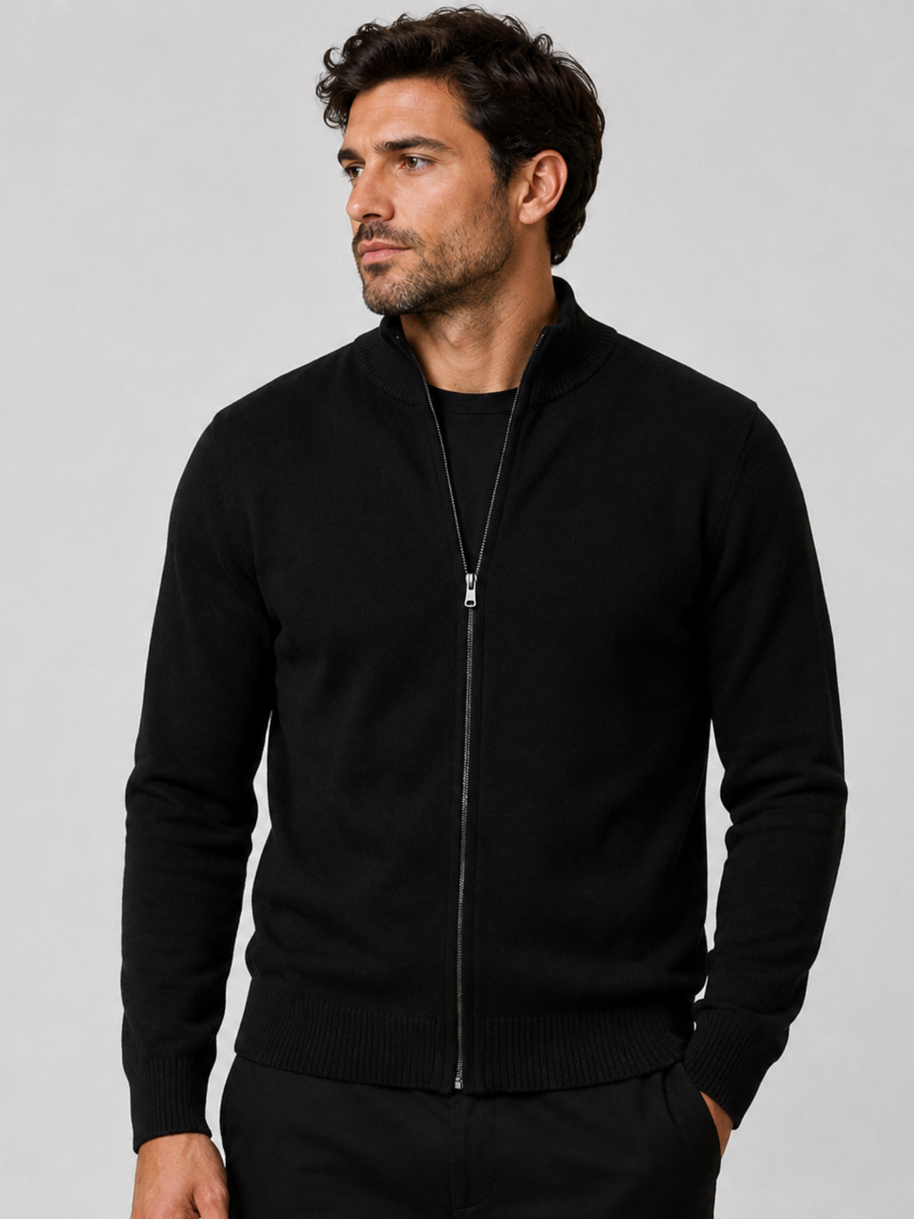 Men's Zip-Up Cardigan with Stand Collar, Long Sleeve