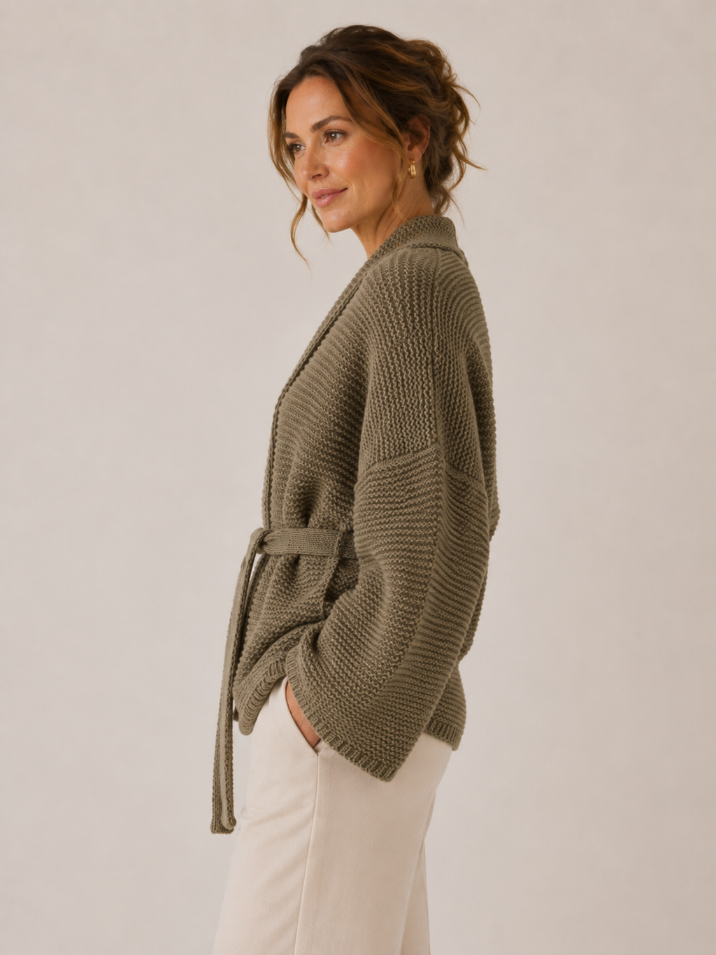 Women's Open-Front Cardigan – Tie Waist, Long Sleeve, Relaxed Fit