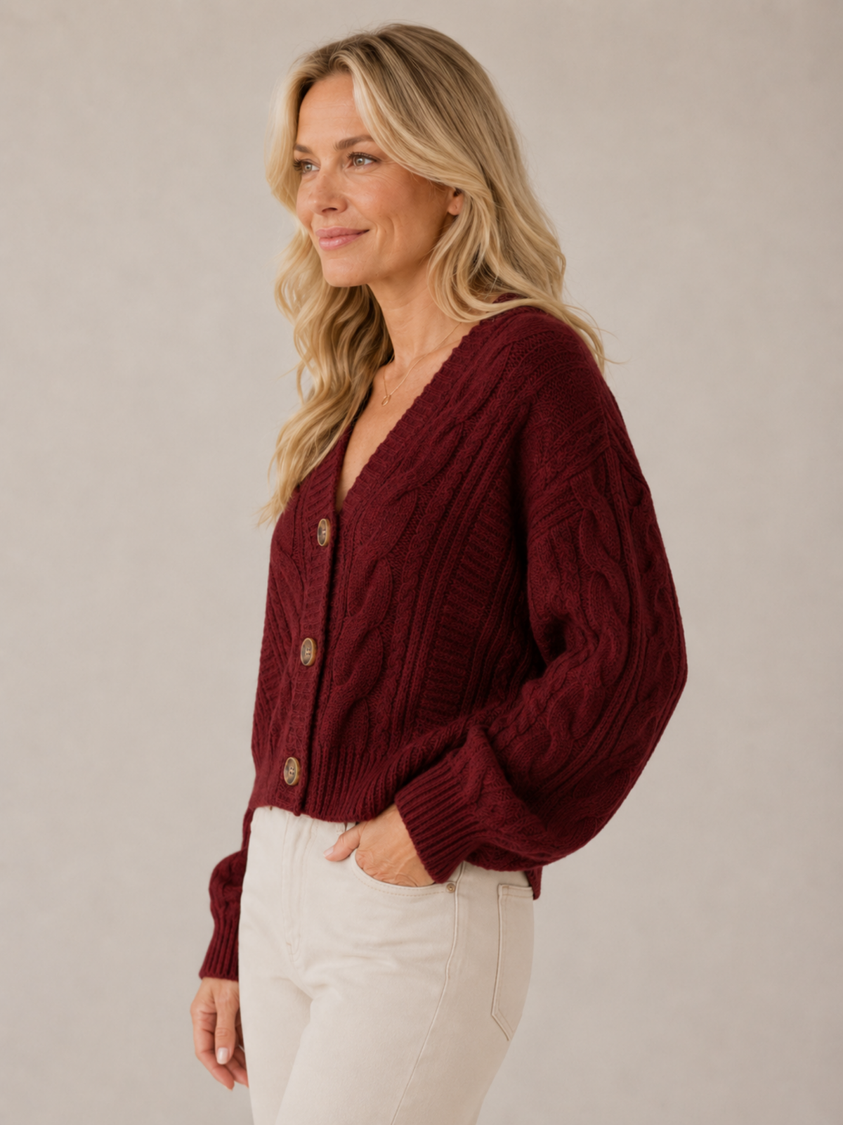 Women's V-Neck Cardigan – Button-Front Closure, Long Sleeve, Relaxed Fit