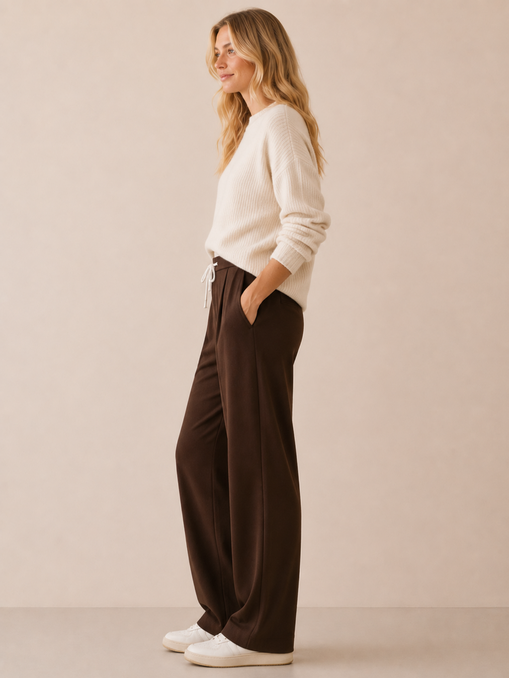 Women's Wide-Leg Trousers – Full Length, Adjustable Drawstring Waist