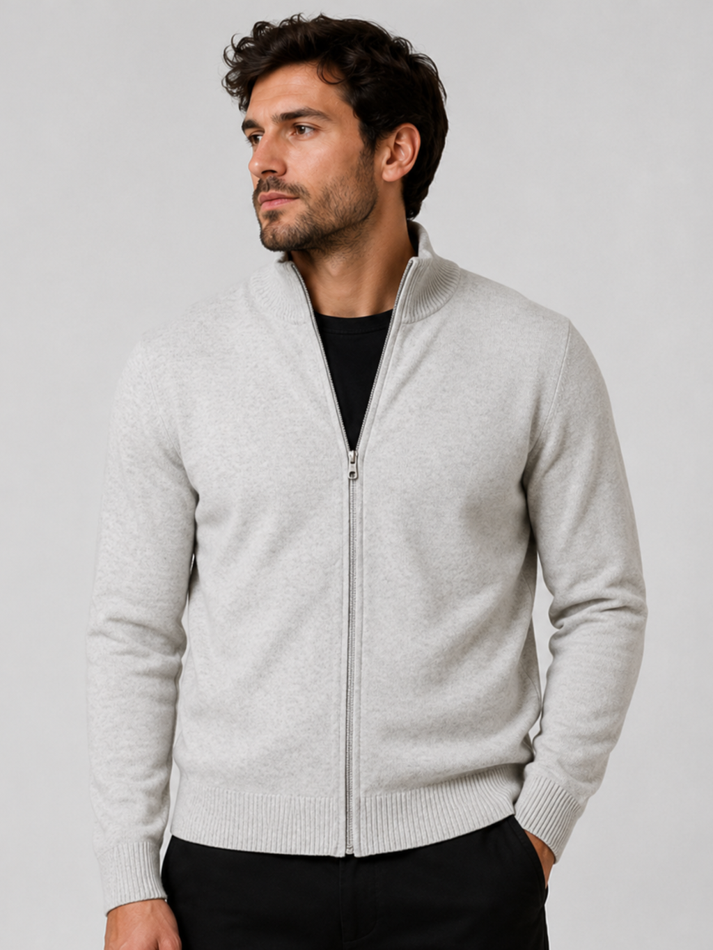 Men's Zip-Up Cardigan with Stand Collar, Long Sleeve