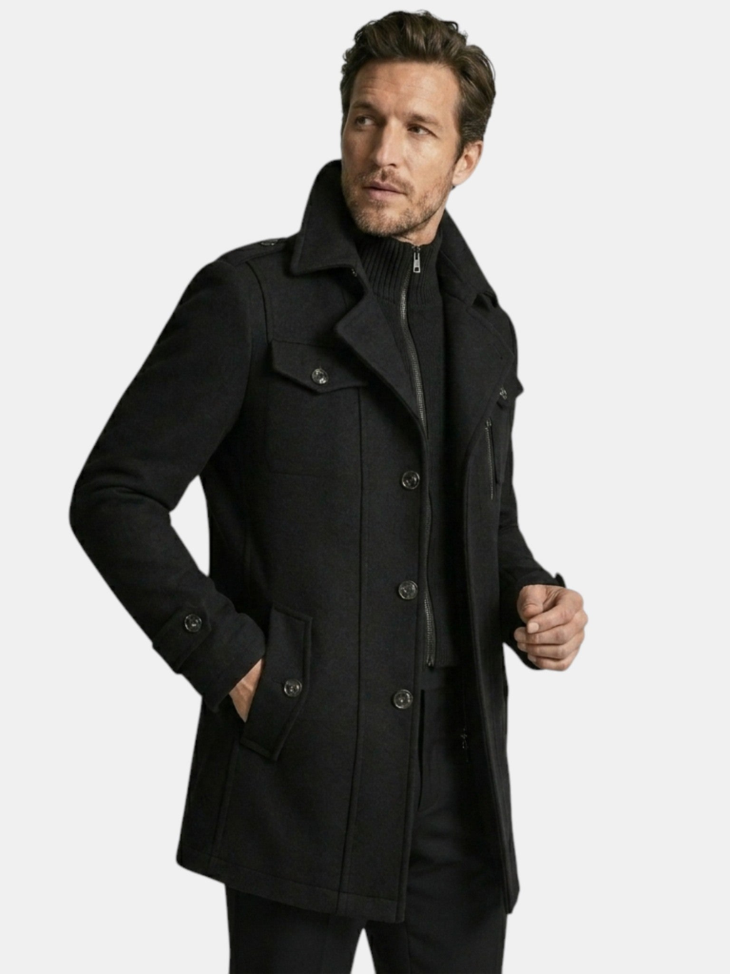 Men's Long Coat – Tailored Fit, Classic Collar