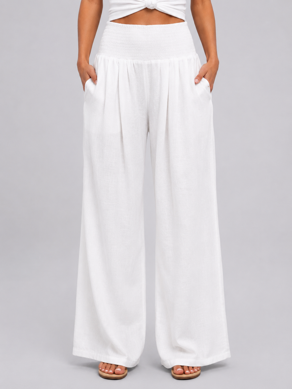 Women's Wide-Leg Trousers – Smocked High Waist