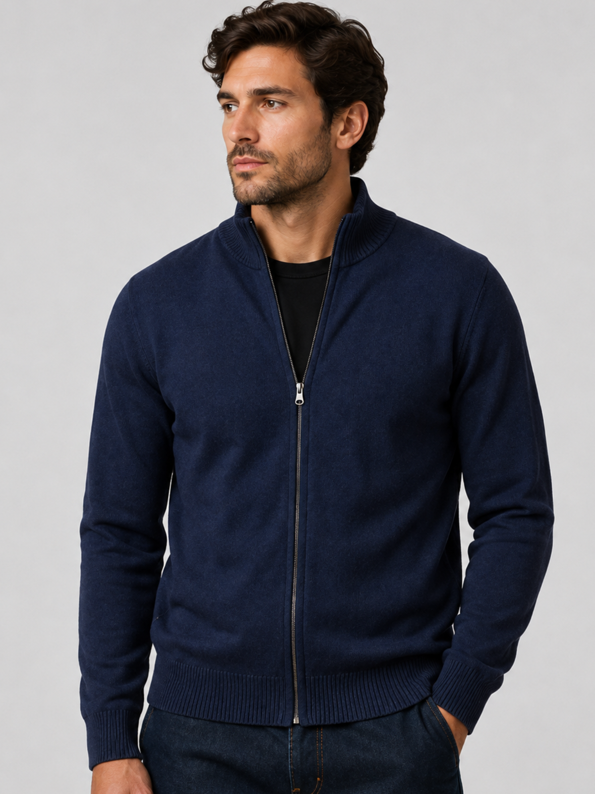 Men's Zip-Up Cardigan with Stand Collar, Long Sleeve
