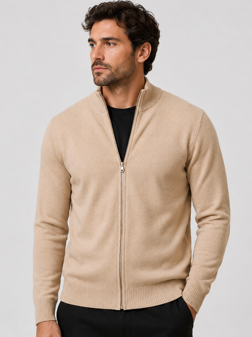 Men's Zip-Up Cardigan with Stand Collar, Long Sleeve