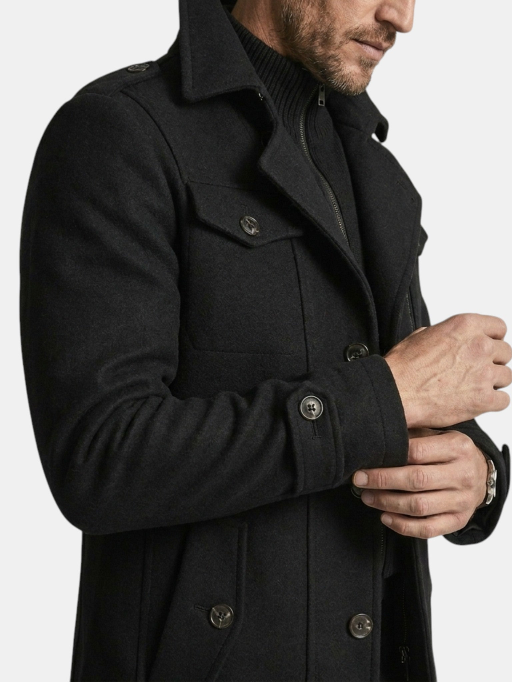 Men's Long Coat – Tailored Fit, Classic Collar