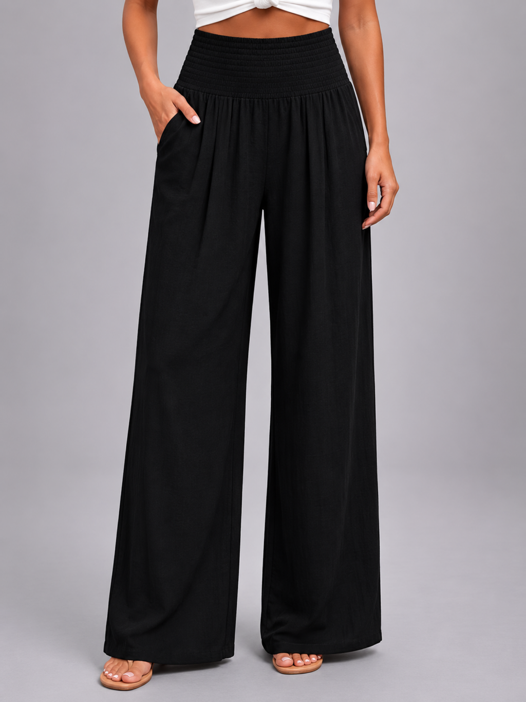 Women's Wide-Leg Trousers – Smocked High Waist