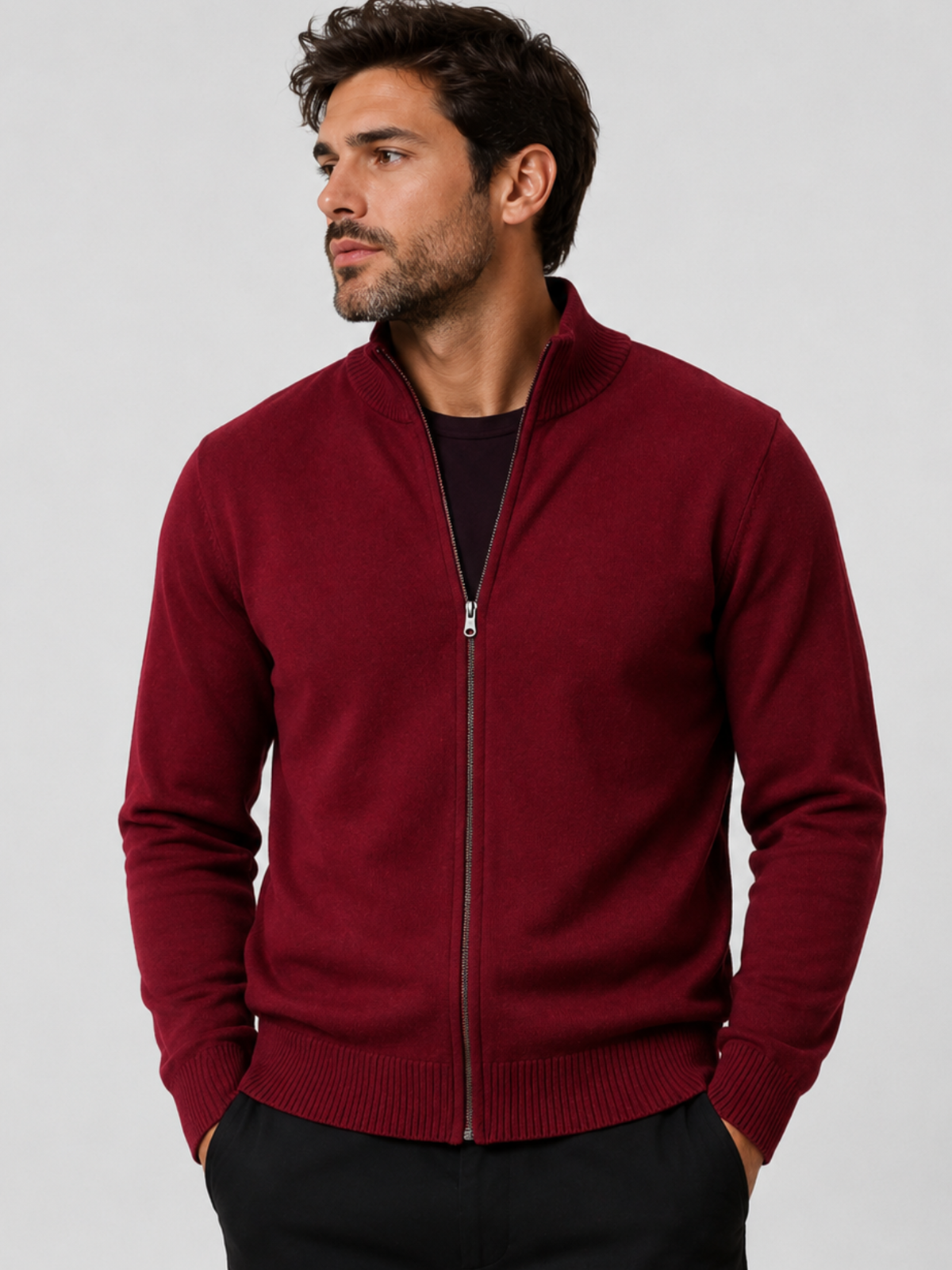 Men's Zip-Up Cardigan with Stand Collar, Long Sleeve