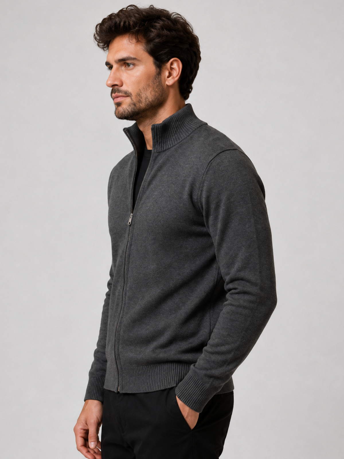 Men's Zip-Up Cardigan with Stand Collar, Long Sleeve