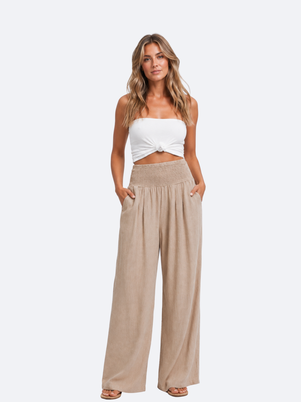 Women's Wide-Leg Trousers – Smocked High Waist