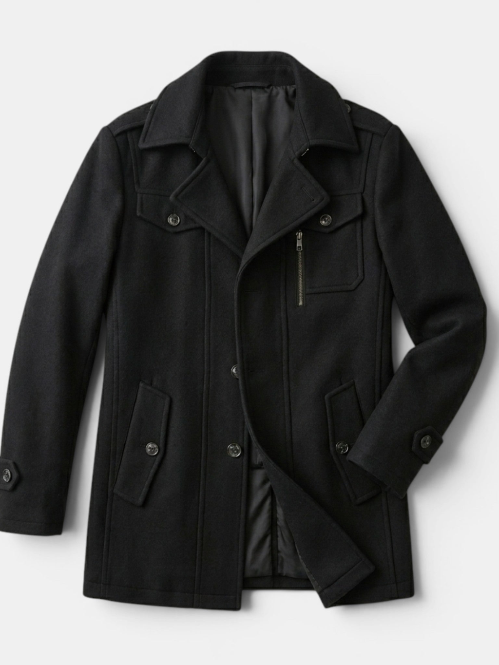 Men's Long Coat – Tailored Fit, Classic Collar